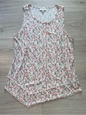 bobeau White Floral Sleeveless Tank with Pink and Green Print